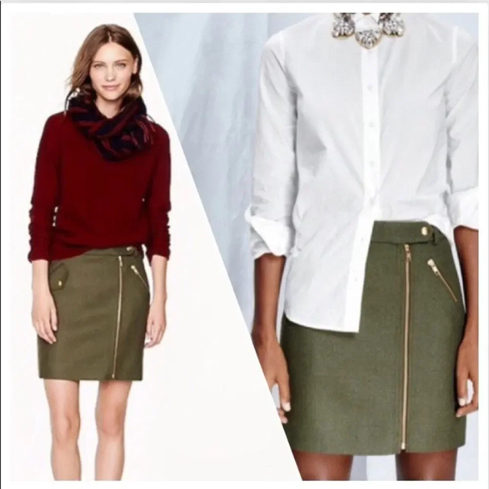J. Crew Military Green 100% Wool Moto Miniskirt Gold-toned Hardware Size 6